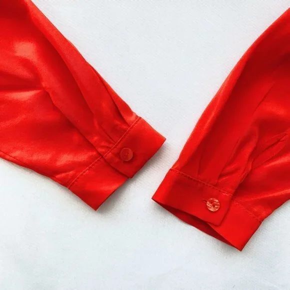 DIANE VON FURSTENBERG ESTI RED SILK ROLLED TAB SLEEVE BLOUSE - 2 - Picture 9 of 12